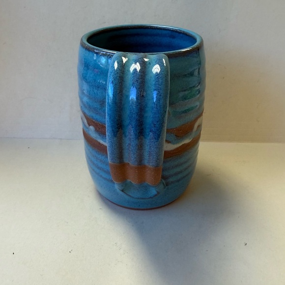 Handcrafted Hand Thrown Blue Brown and White Ceramic Redware Coffee Cup Mug - Picture 2 of 10